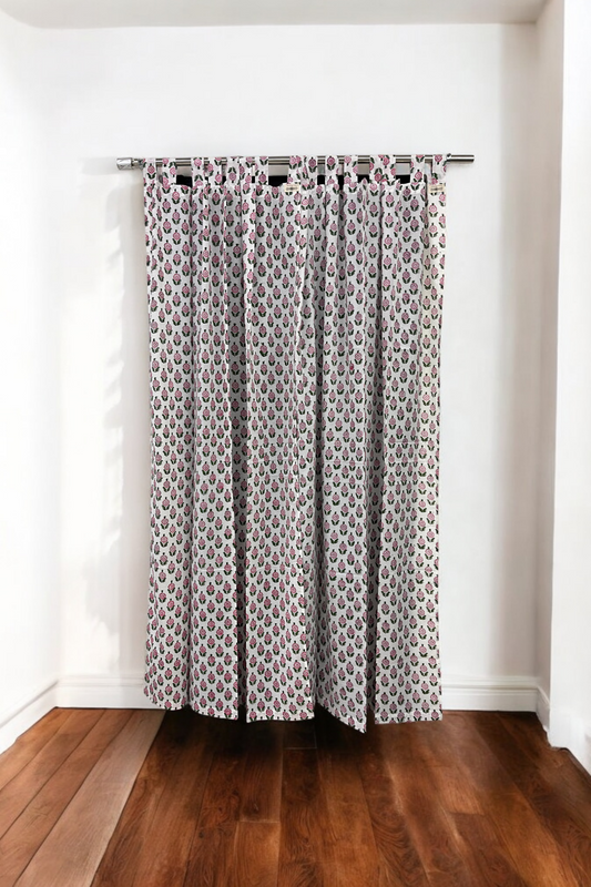 White Pink Floral Handblock Print Curtains