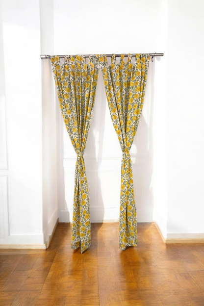 Yellow Floral Handblock Print Curtains