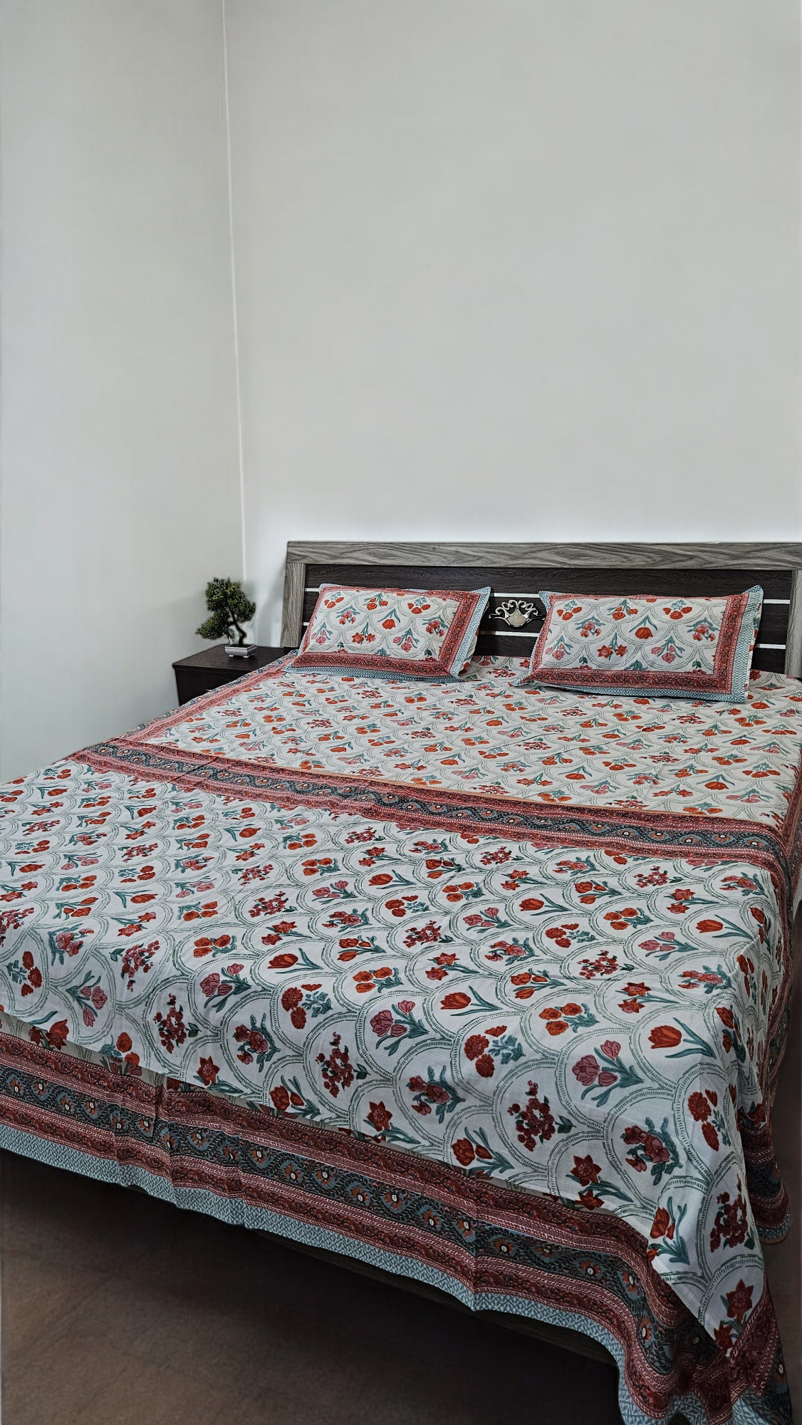 Red Floral Double Bedsheet with Double Bed Dohar