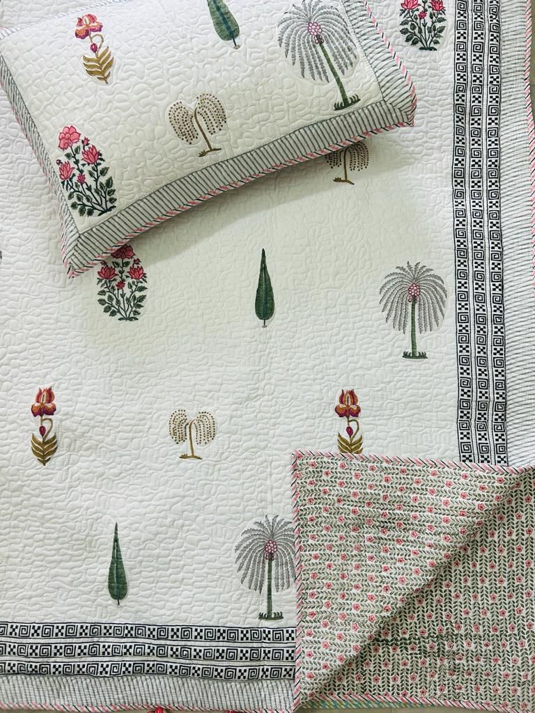 White Decorative Handblock Quilted Reversible Bedcover with 2 Pillow Covers – Elegant and Eco-Friendly Bedroom Décor