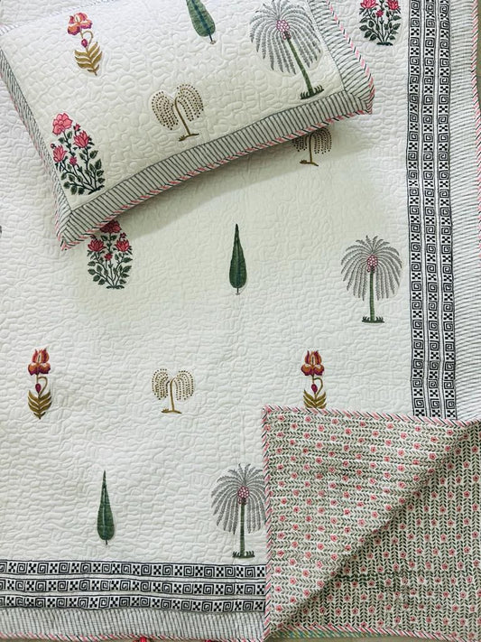 White Decorative Handblock Quilted Reversible Bedcover with 2 Pillow Covers – Elegant and Eco-Friendly Bedroom Décor