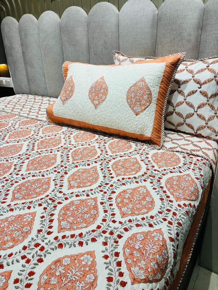 Handblock Quilted Reversible Peach Bedcover with 2 Pillow Covers