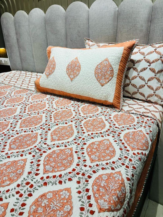 Handblock Quilted Reversible Peach Bedcover with 2 Pillow Covers