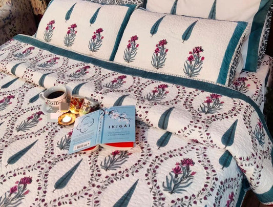 Handblock Quilted Reversible Blue Bedcover with 2 Pillow Covers