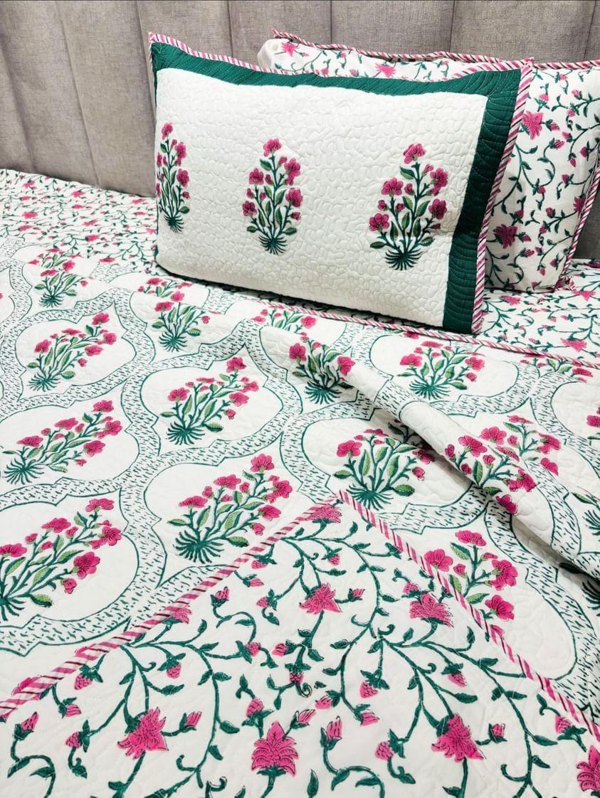 Handblock Quilted Reversible Floral Bedcover with 2 Pillow Covers