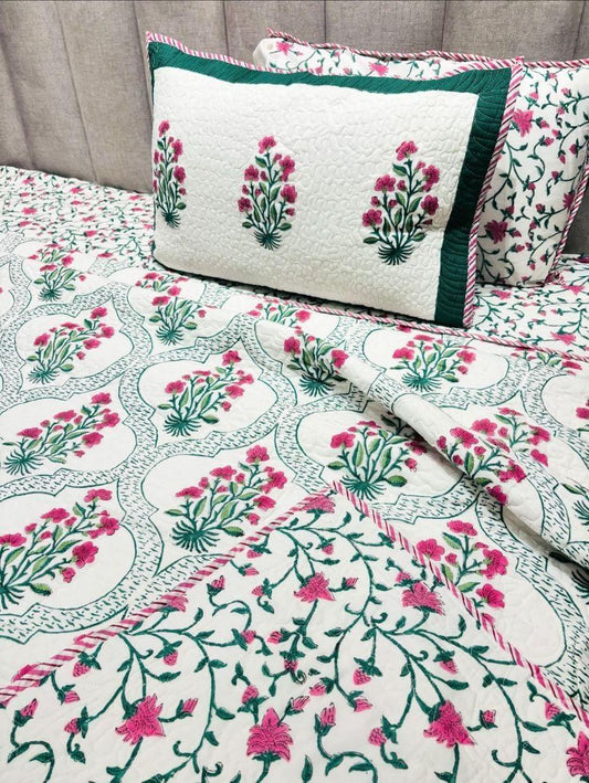 Handblock Quilted Reversible Floral Bedcover with 2 Pillow Covers
