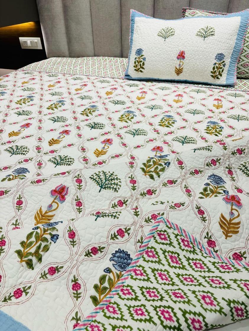 Handblock Quilted Reversible Floral Bedcover with 2 Pillow Covers