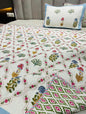 Handblock Quilted Reversible Floral Bedcover with 2 Pillow Covers