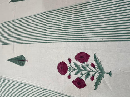 Handblock Green Strips Floral Double Bedsheet