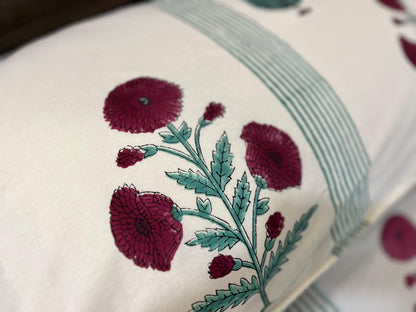 Handblock Green Strips Floral Double Bedsheet