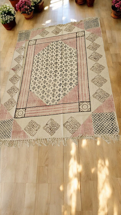 Black and Red Handblock Print Cotton Rug