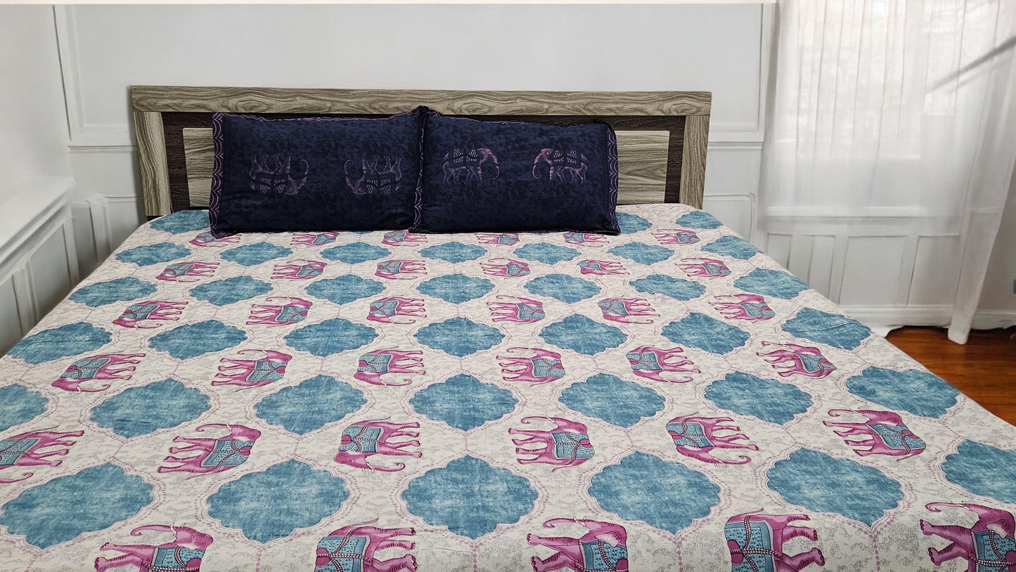 Pink Elephant Embroidery Double Bedsheet with 2 Pillow Cover