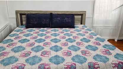Pink Elephant Embroidery Double Bedsheet with 2 Pillow Cover