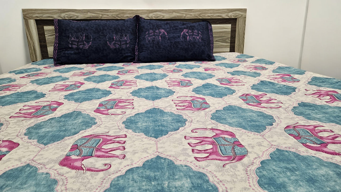 Pink Elephant Embroidery Double Bedsheet with 2 Pillow Cover