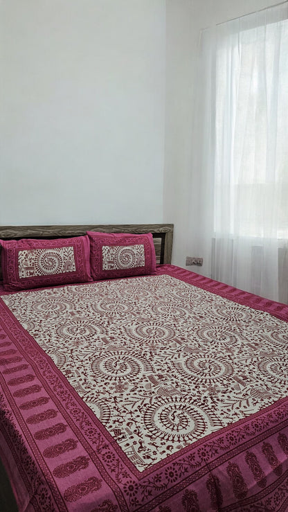 Pink Tribal Print Double Bedsheet with 2 Pillow Cover