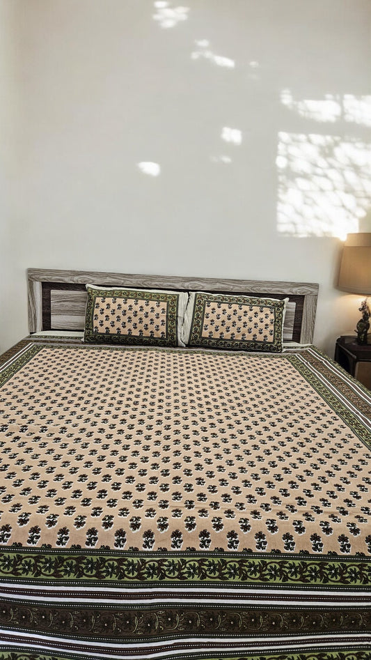 Brown Floral Double Bedsheet with 2 Pillow Cover