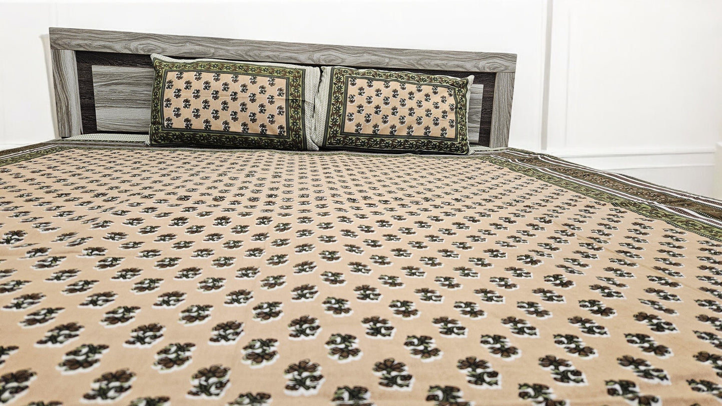 Brown Floral Double Bedsheet with 2 Pillow Cover
