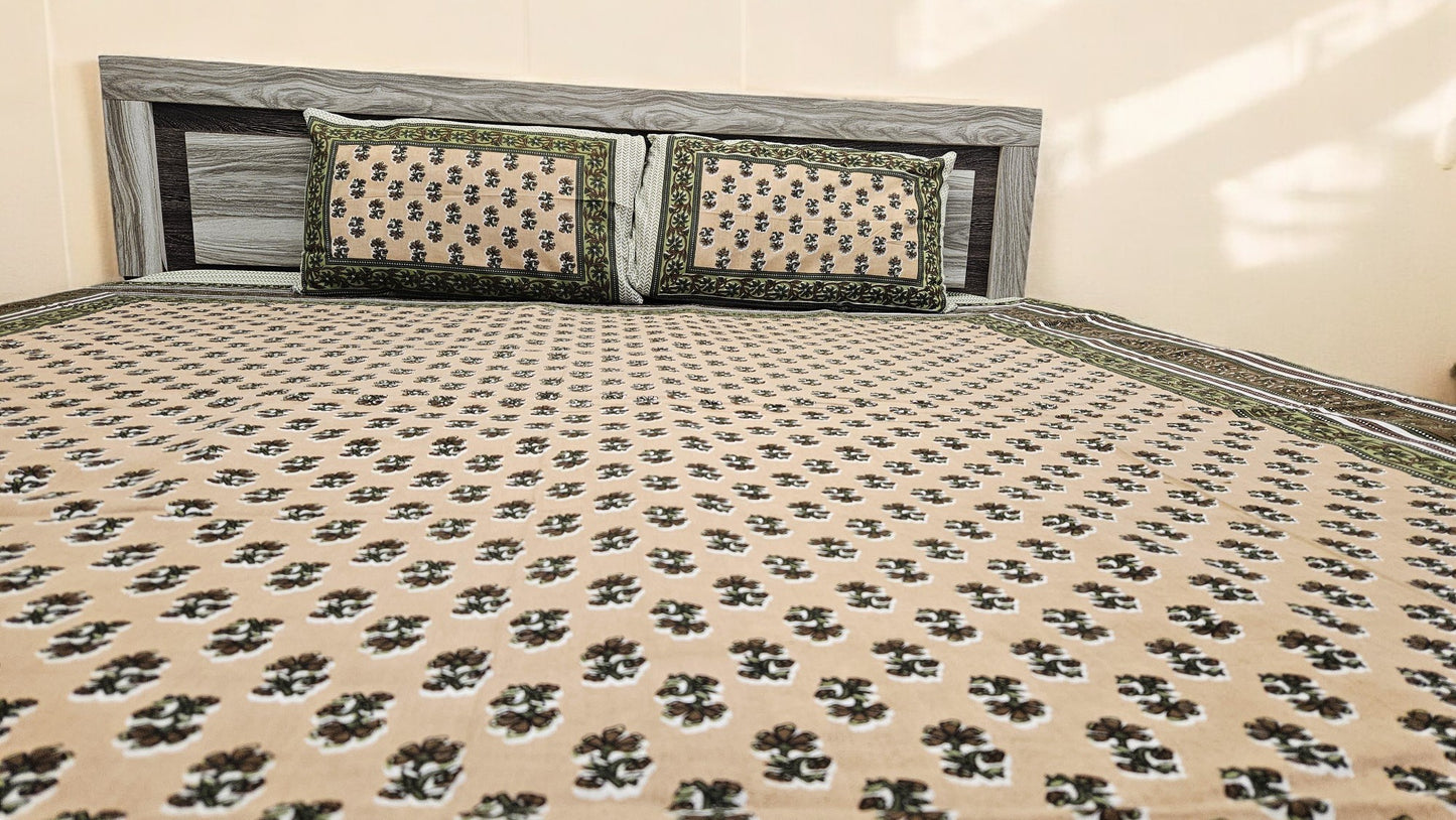 Brown Floral Double Bedsheet with 2 Pillow Cover