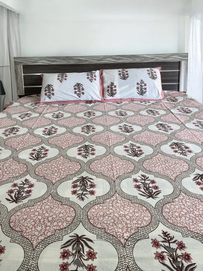 Handblock Pink Floral Double Bedsheet