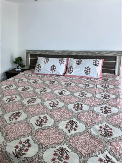 Handblock Pink Floral Double Bedsheet