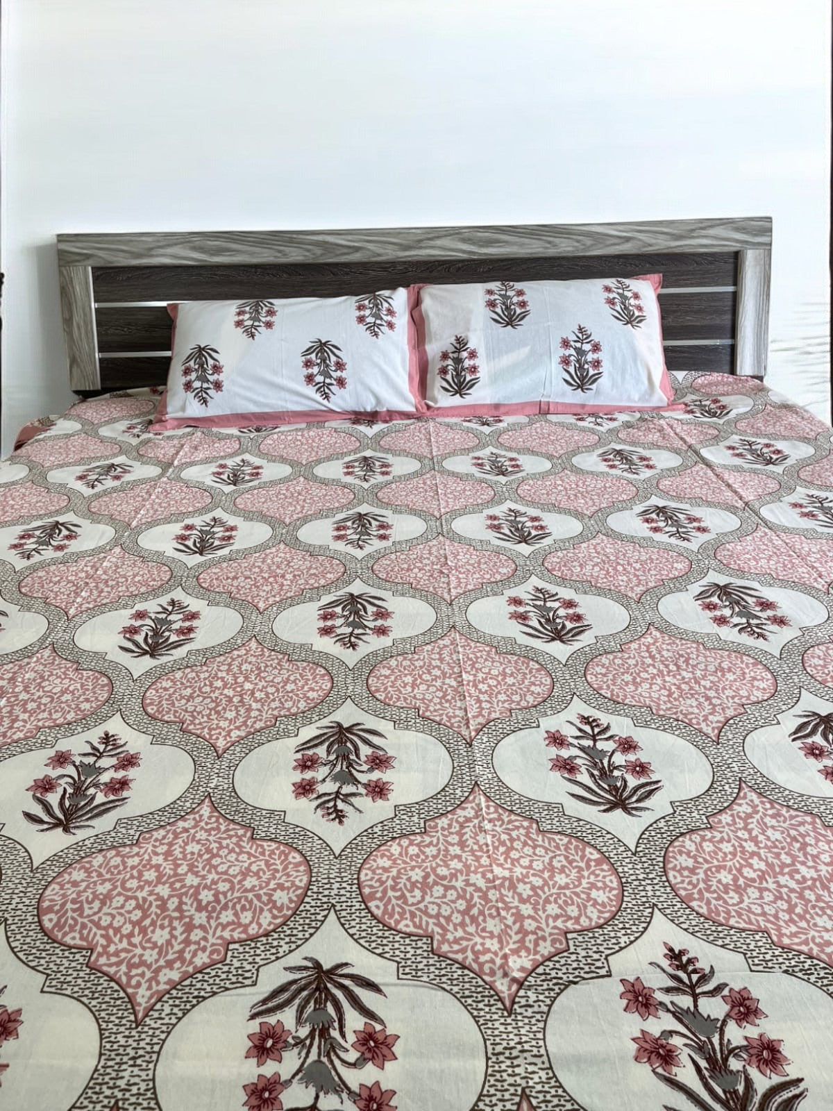 Handblock Pink Floral Double Bedsheet