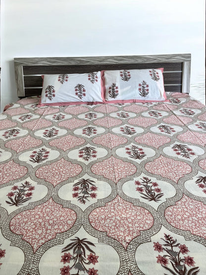 Handblock Pink Floral Double Bedsheet