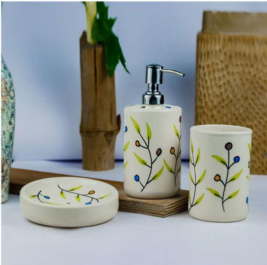 White Floral Ceramic Bathroom Set – 3-Piece Elegant Bathroom Accessories
