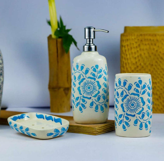 White and Blue Floral Ceramic Bathroom Set