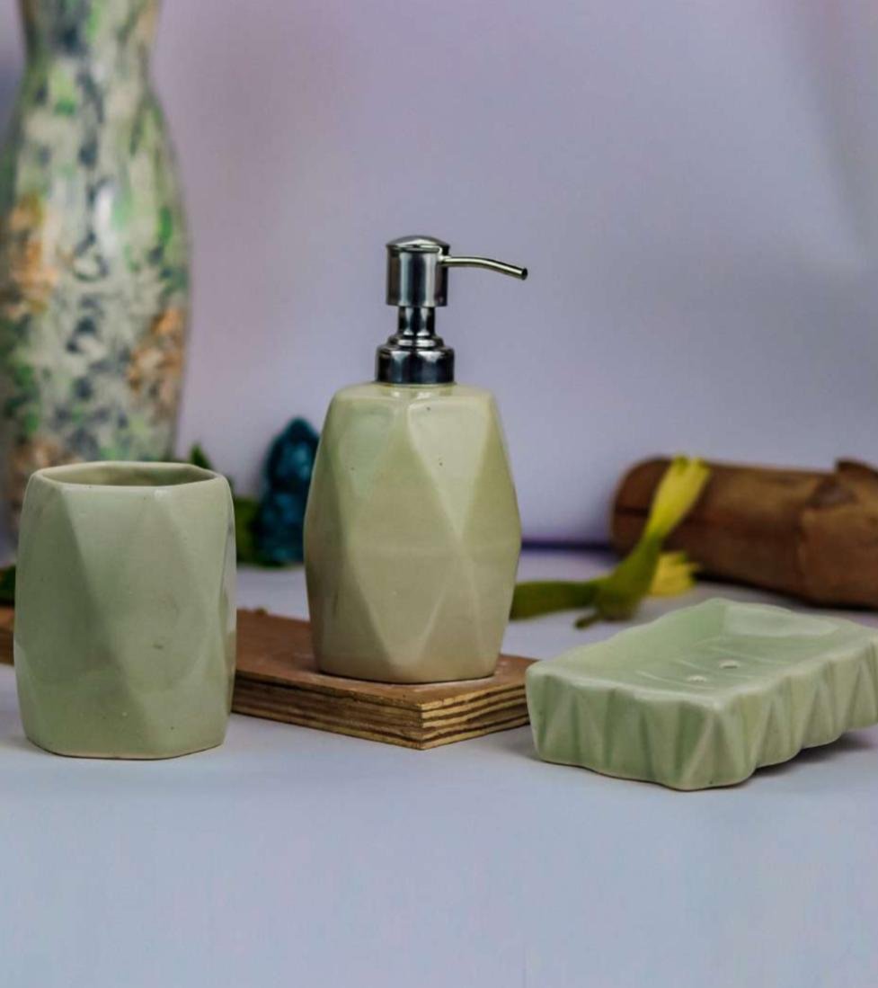 Sage Green Ceramic Bathroom Set – 3-Piece Elegant Bathroom Accessories