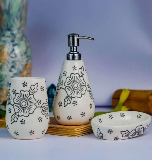 White and Black Floral Ceramic Bathroom Set – 3-Piece Elegant Bath Accessories
