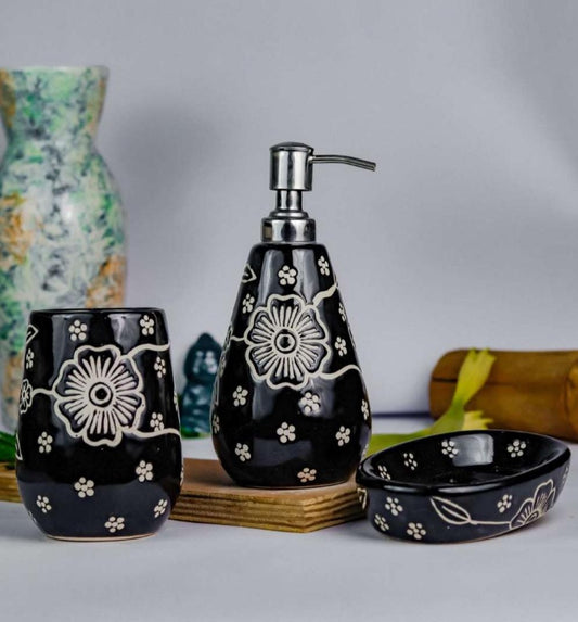 Black and White Floral Ceramic Bathroom Set – 3-Piece Elegant Bath Accessories