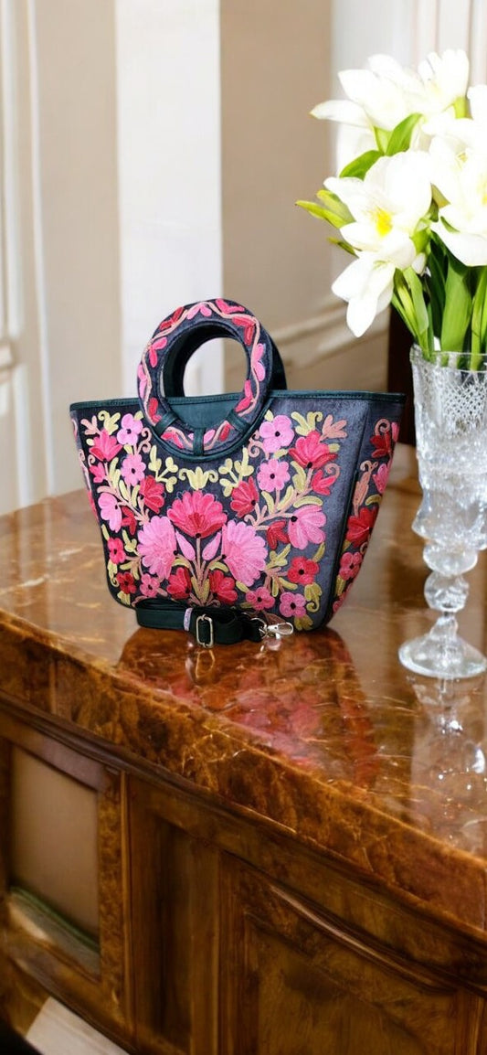 Pink Floral Black Kashmiri Embroidery Bag