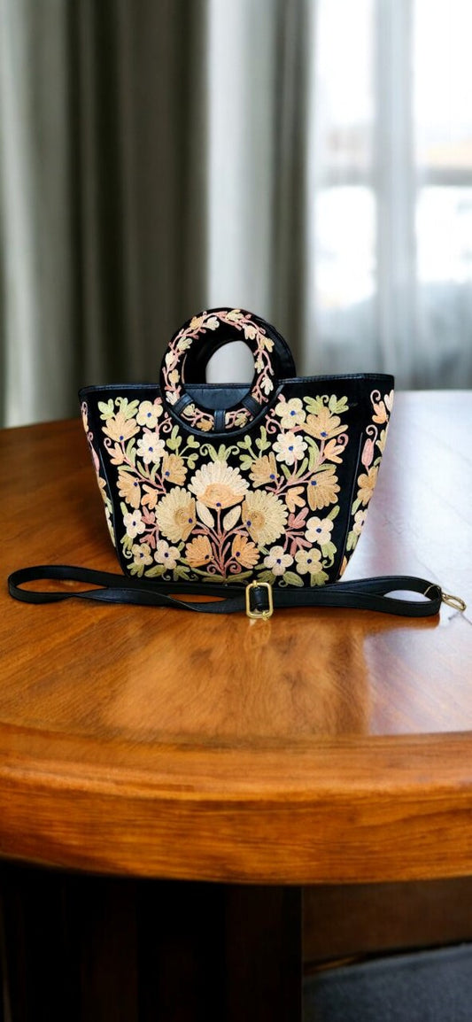 Beige Floral Black Kashmiri Embroidery Bag