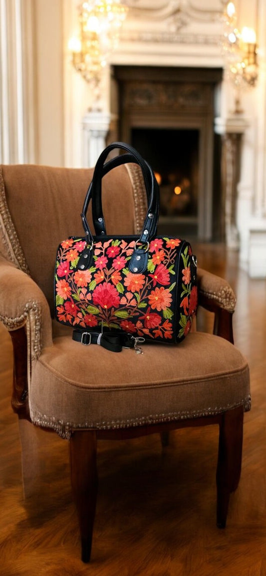 Red and Pink Floral Black  Kashmiri Embroidery Bag