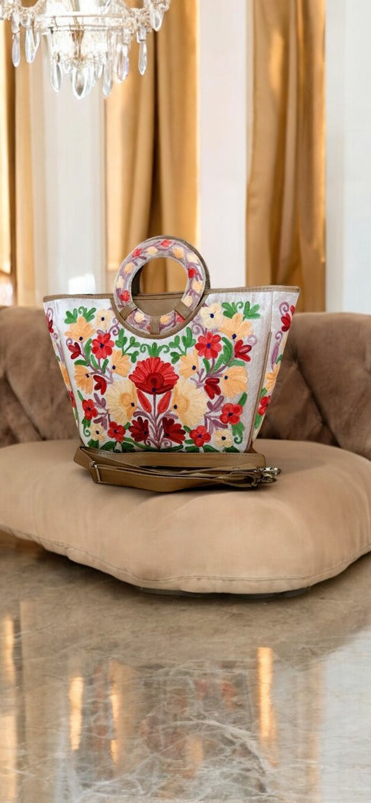 Red Floral White Kashmiri Embroidery Bag