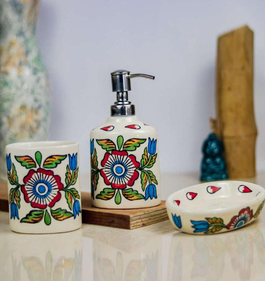 Cream Floral Print Multi-Color Ceramic Bathroom Set – 3-Piece Elegant Bath Accessories