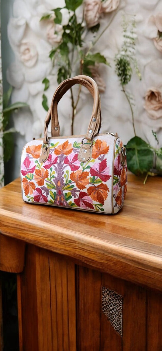 Orange and Red Floral White Kashmiri Embroidery Bag