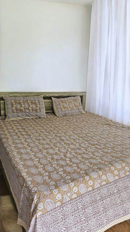 Beige Floral Double Bedsheet with 2 Pillow Cover