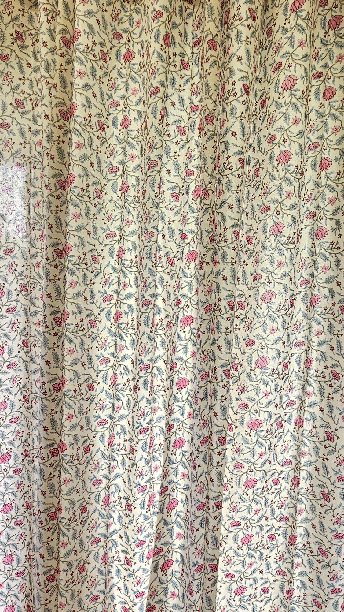 White Pink Floral Handblock Curtain