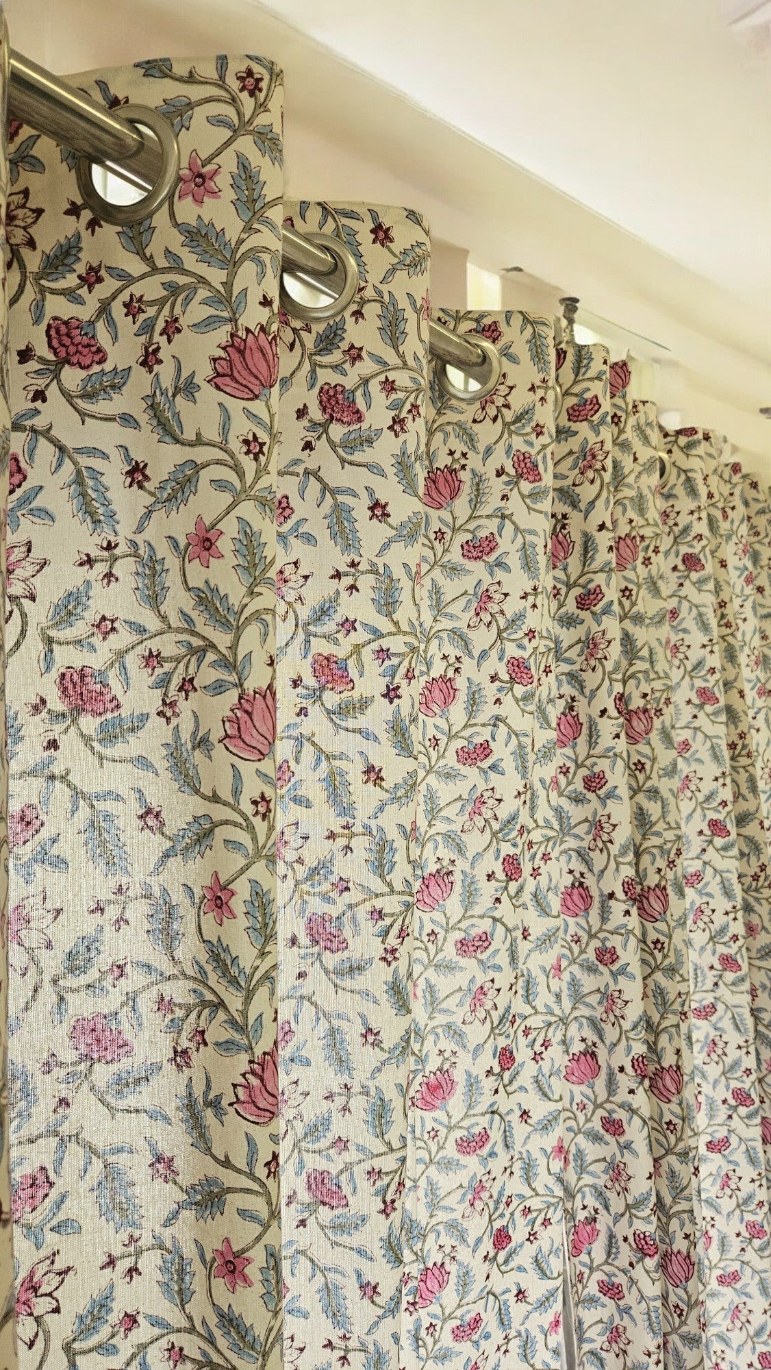 White Pink Floral Handblock Curtain