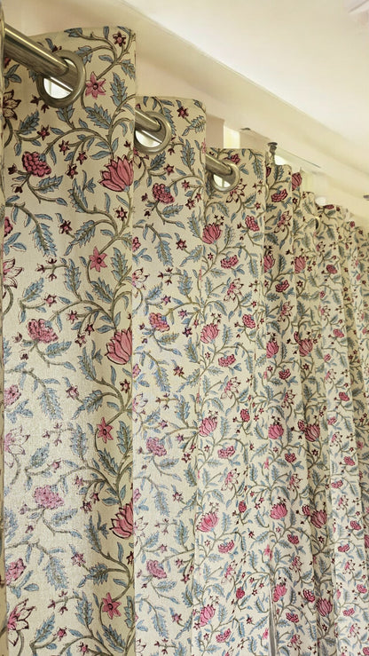 White Pink Floral Handblock Curtain