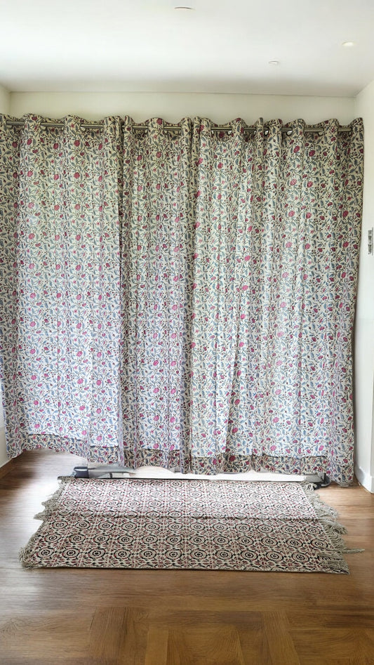White Pink Floral Handblock Curtain