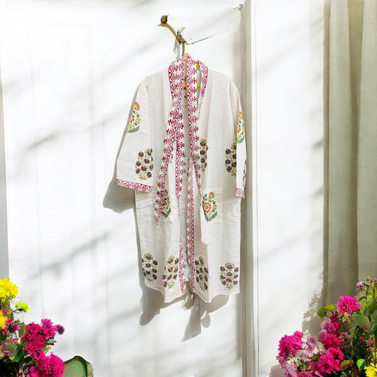 Yellow and Pink Floral Design Handblock Bathrobe – 100% Cotton, Elegant and Comfortable