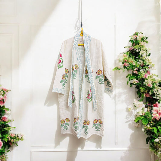 Yellow Sunflower Print White Handblock Bathrobe – 100% Cotton, Soft and Elegant