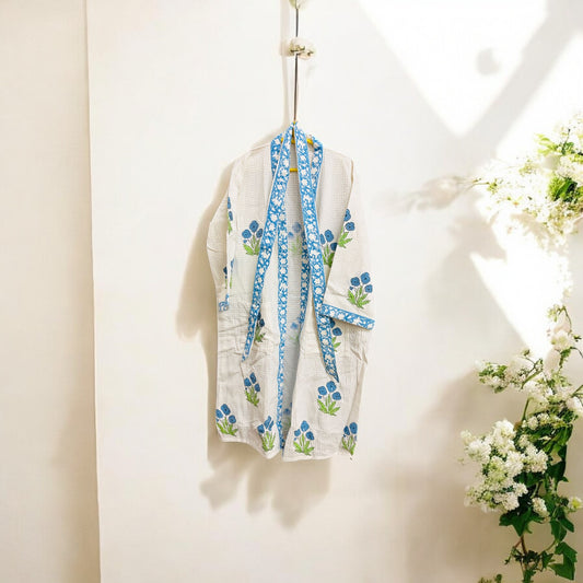White and Blue Floral Handblock Bathrobe – 100% Cotton, Elegant and Comfortable