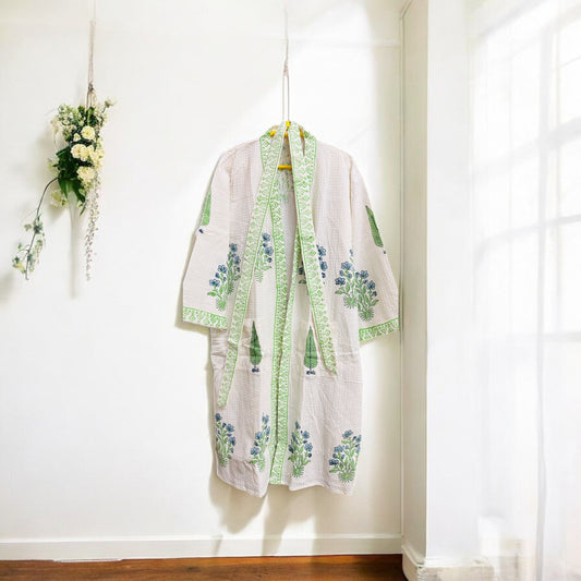 Green and Blue Floral White Handblock Bathrobe – 100% Cotton, Comfortable and Elegant