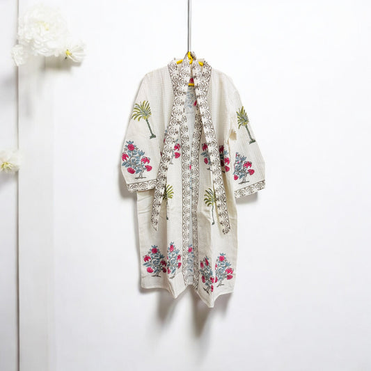 Pink Floral Palm Tree Design White Handblock Bathrobe – 100% Cotton, Elegant and Comfortable