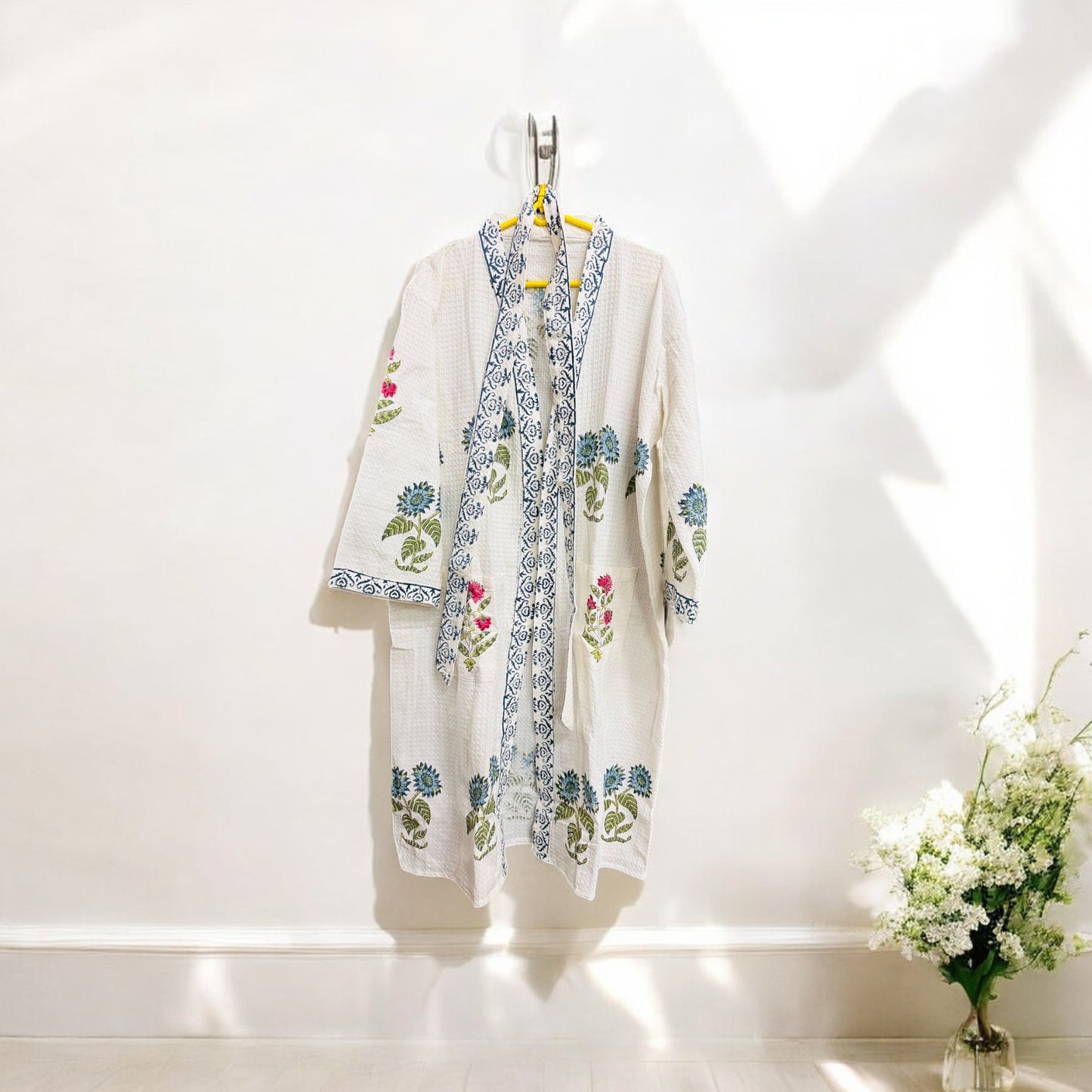 Blue and Pink Floral White Handblock Bathrobe – 100% Cotton, Soft and Comfortable
