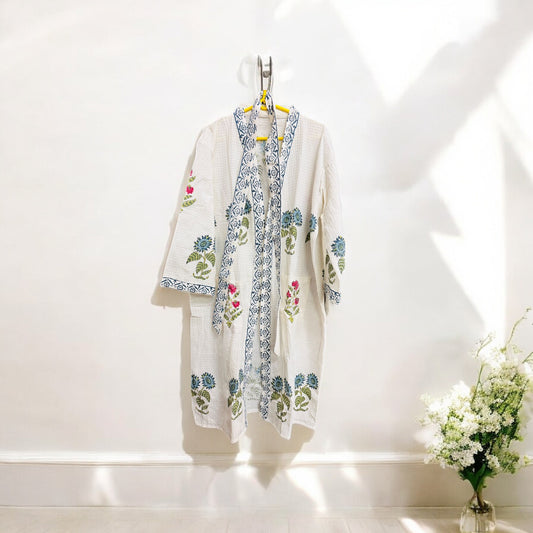 Blue and Pink Floral White Handblock Bathrobe – 100% Cotton, Soft and Comfortable