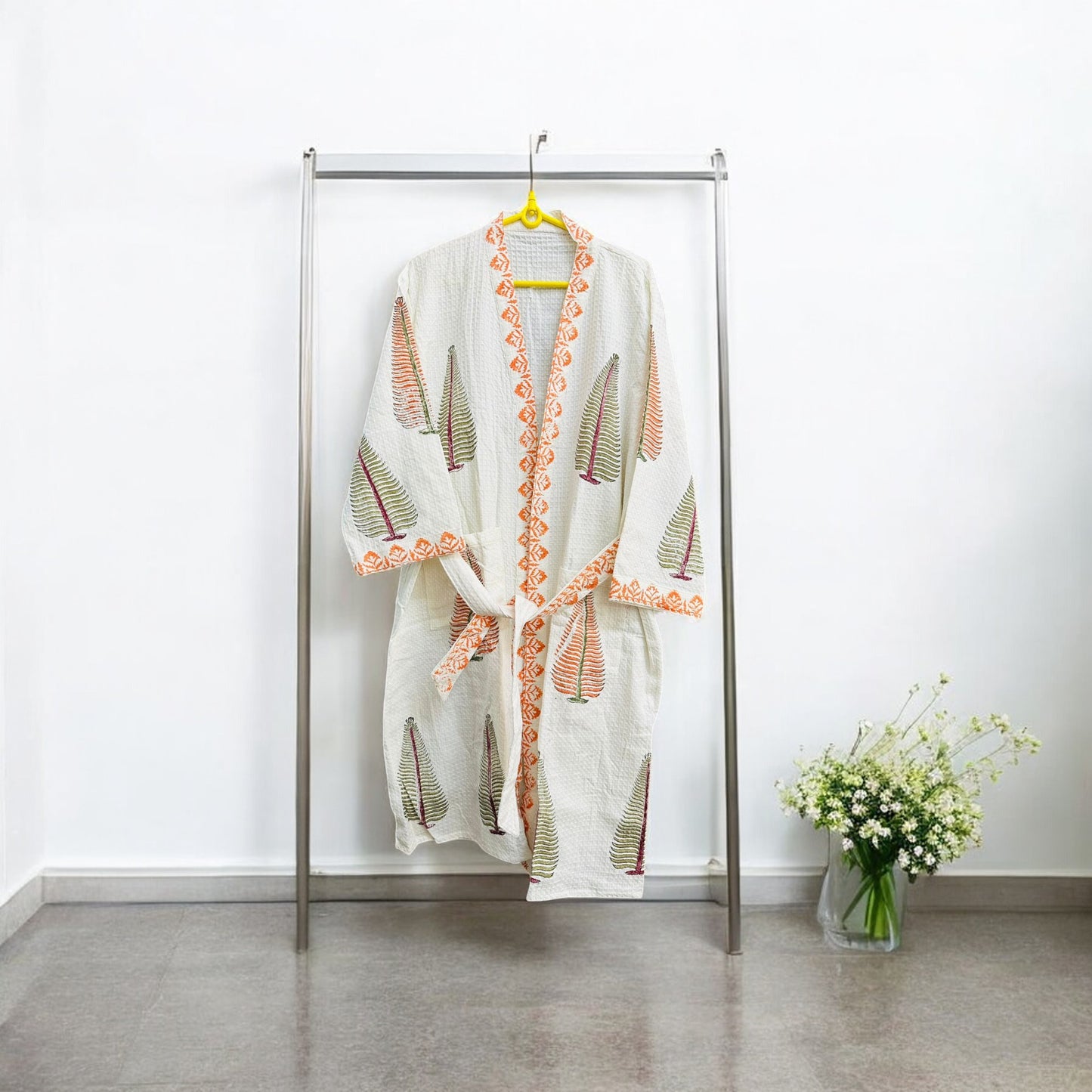 Orange and Green Leaf Design White Handblock Bathrobe – 100% Cotton, Stylish and Comfortable